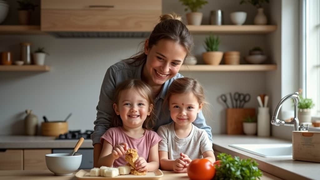 Famille souriante à Croth, avec un aîné utilisant un monte-escalier pour rejoindre ses petits-enfants dans la cuisine, environnement chaleureux de maison traditionnelle