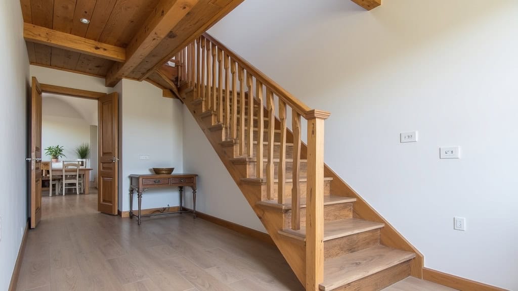Monte-escalier tournant avec rail personnalisé sur un escalier en bois à deux virages, installé dans une maison provençale à Cuers