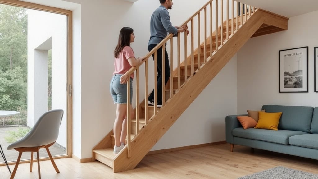 Monte-escalier droit installé sur un escalier en bois dans une maison typique de Cuincy, avec un utilisateur en toute sécurité