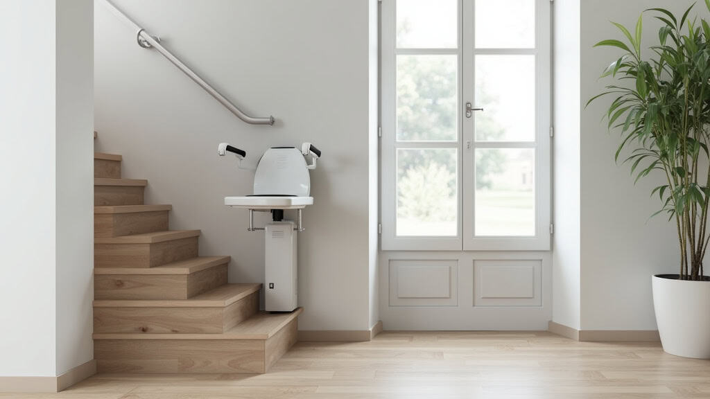 Siège ergonomique de monte-escalier à Curgy, avec repose-pieds automatiques, ceinture de sécurité et poignées intégrées, adapté aux personnes âgées