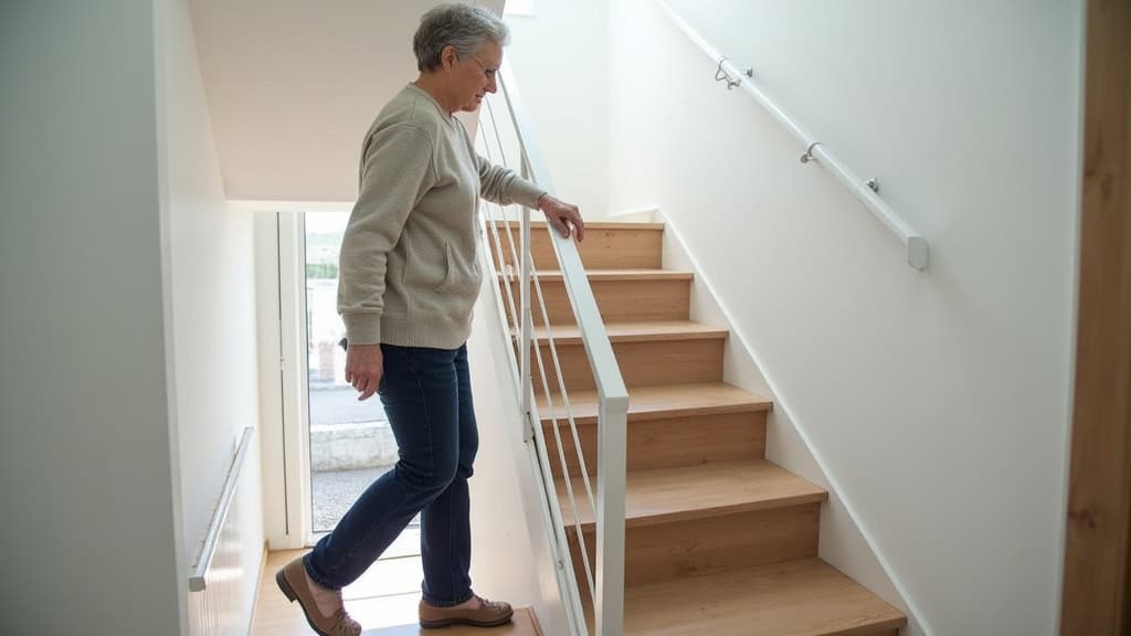 Personne âgée utilisant un monte-escalier courbe à Dainville pour accéder à son étage, en toute sécurité et autonomie