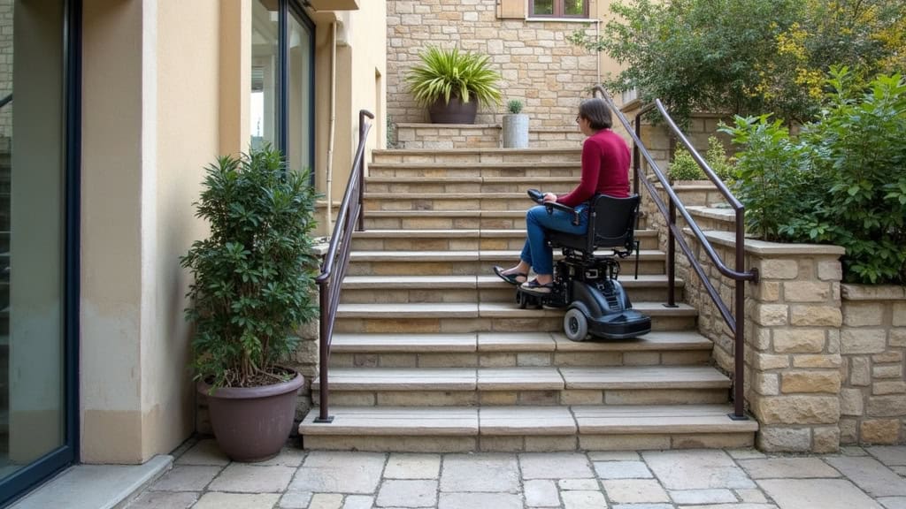 Plateforme élévatrice pour fauteuil roulant installée sur un escalier en pierre à Dainville, avec une personne en fauteuil roulant en train de monter