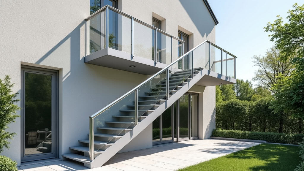 Monte-escalier extérieur en aluminium anodisé installé sur une entrée en surplomb, résistant aux intempéries à Davézieux
