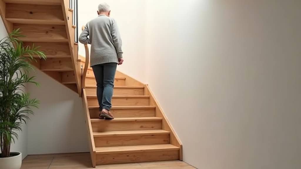 Personne âgée utilisant un monte-escalier tournant pour monter tranquillement les marches de son escalier en bois à Dax