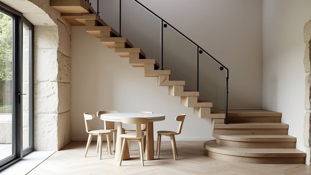 Monte-escalier courbe personnalisé avec virage à 90° installé dans une maison en pierre à Désaignes