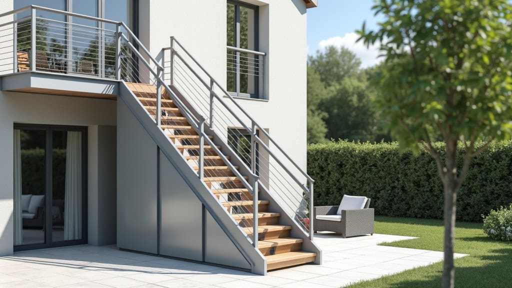 Monte-escalier extérieur en aluminium installé sur un escalier de jardin à Descartes, avec une rampe légère et un siège inclinable pour accéder à une terrasse