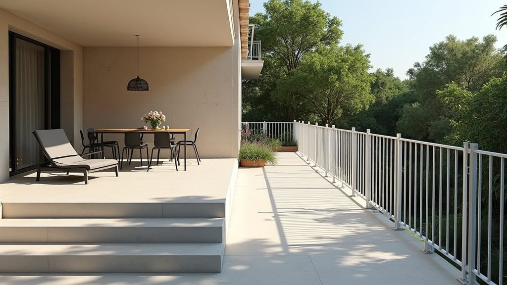 Monte-escalier extérieur installé sur une terrasse à Deshaies, pour accéder à une maison en pierre, avec un fauteuil gris et un rail blanc, vue sur la végétation tropicale