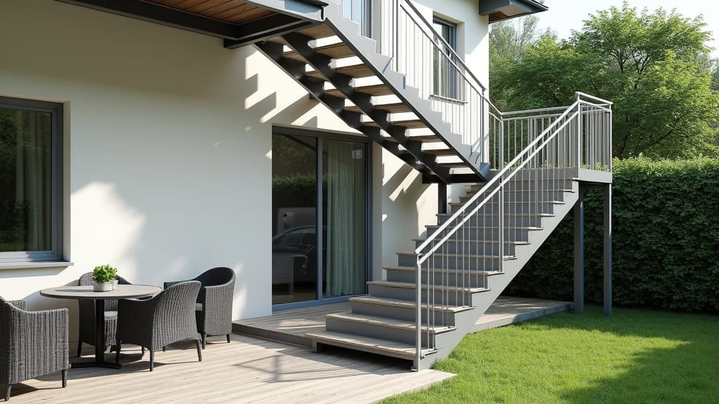 Monte-escalier d’extérieur en acier inoxydable installé sur les marches menant au jardin d’une maison à Cornil, avec siège pliable et protection anti-pluie