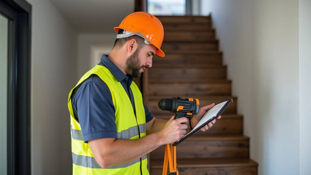 Technicien en train d’effectuer une prise de mesure pour un monte-escalier dans une maison à Deyme