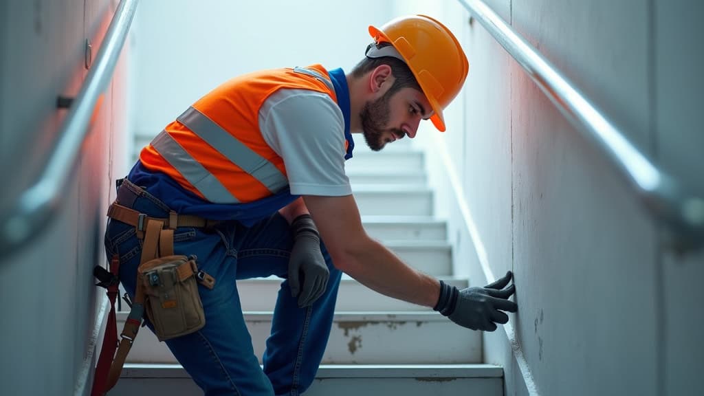 Technicien en train de procéder à l’entretien d’un monte-escalier à Deyme