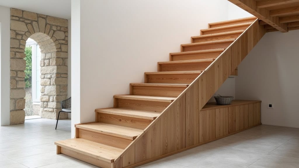 Monte-escalier discret intégré à une rampe en bois dans une maison à Gambsheim