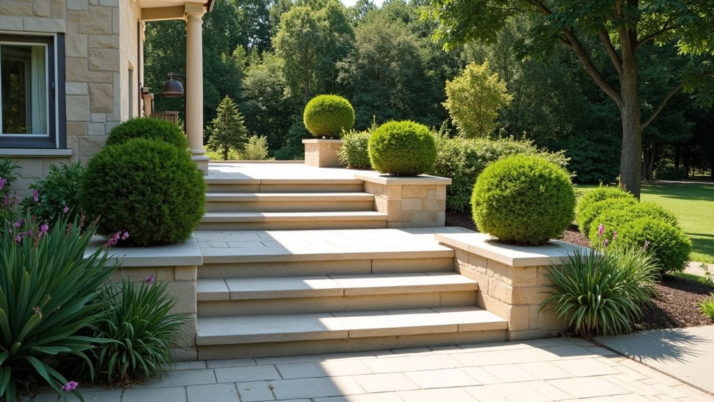 Monte-escalier extérieur installé sur un accès en pierre menant au jardin d