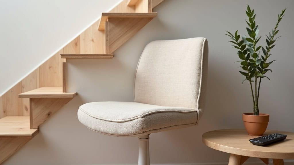 Siège de monte-escalier en tissu beige installé sur un escalier en bois dans une maison à Domène, avec une télécommande posée sur une table voisine