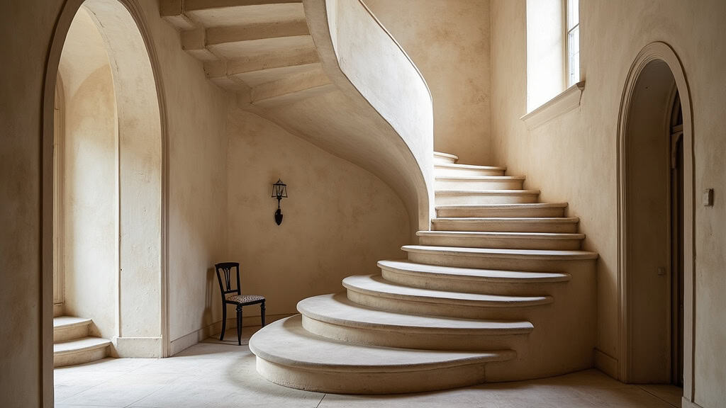 Monte-escalier tournant courbe sur escalier en colimaçon dans une maison ancienne de Domfront-en-Champagne
