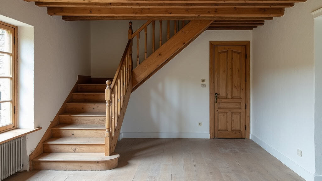 Escalier en bois ancien dans une maison typique de Domfront-en-Champagne avant installation d