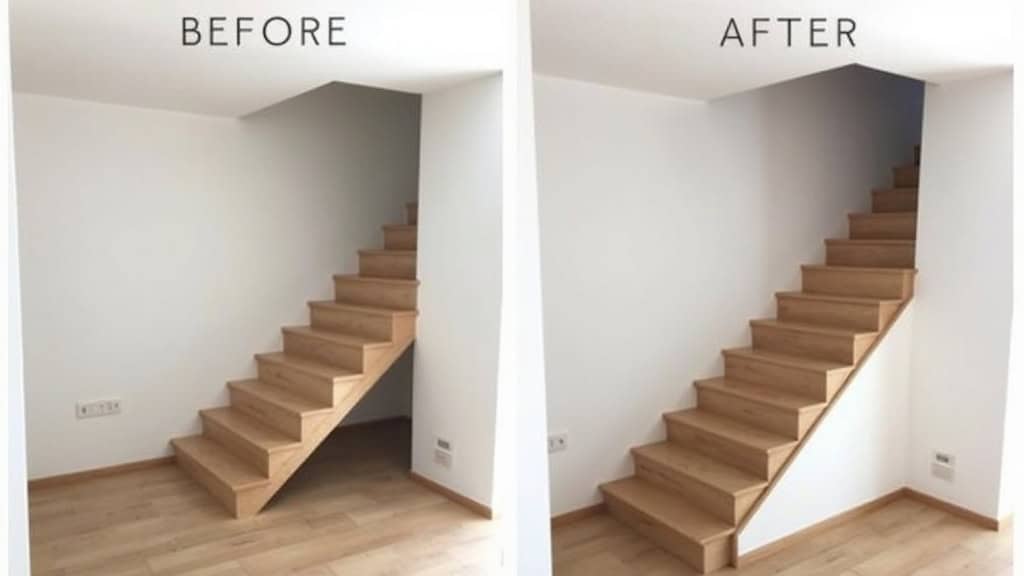 Comparaison avant-après : escalier sans monte-escalier à gauche, avec monte-escalier installé à droite, dans un appartement à Drancy