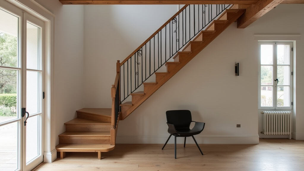 Monte-escalier droit en acier et siège noir installé dans un escalier en bois de maison corses, discret et élégant