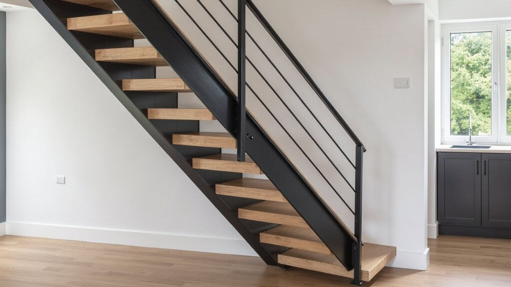 Monte-escalier droit en acier noir avec siège en tissu gris, installé sur un escalier en bois dans une maison de Châtillon-sur-Loire, intégré discrètement à l