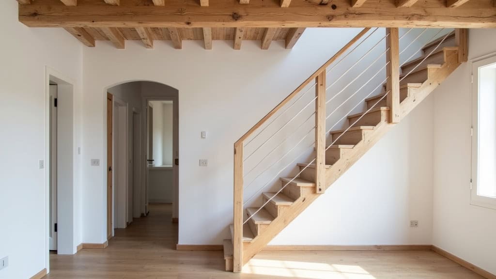 Monte-escalier droit en aluminium blanc installé dans un escalier intérieur en bois, dans une maison typique du Pas-de-Calais