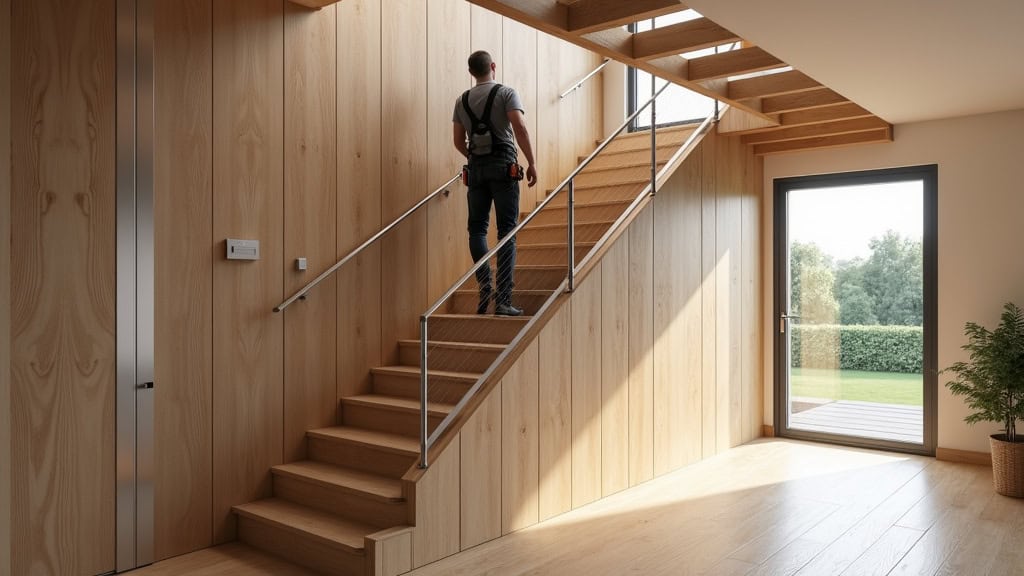 Monte-escalier droit en aluminium brossé installé dans un escalier en bois clair à Colombiers, avec un utilisateur en train de monter en toute sécurité