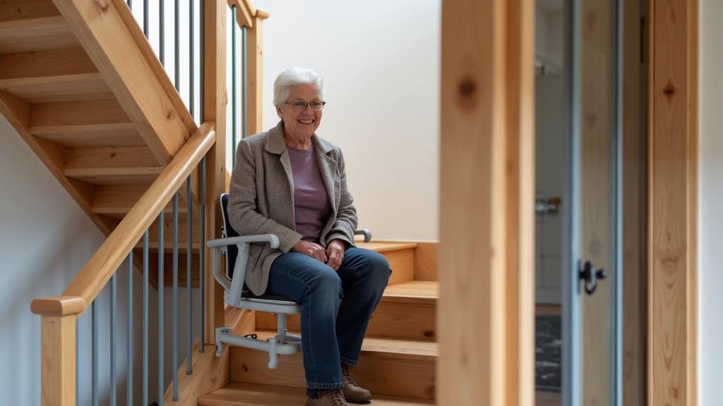 Monte-escalier droit en aluminium gris intégré dans un escalier en bois d’une maison traditionnelle de Behren-lès-Forbach, avec une personne âgée souriante qui utilise le siège