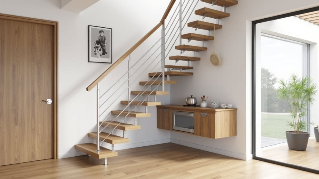 Monte-escalier droit en aluminium installé sur un escalier en bois dans une cuisine à Abbévillers