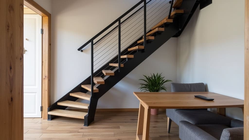 Monte-escalier droit en aluminium noir installé dans un escalier en bois de maison ancienne à Buchères, avec un siège rembourré et une télécommande posée sur une table