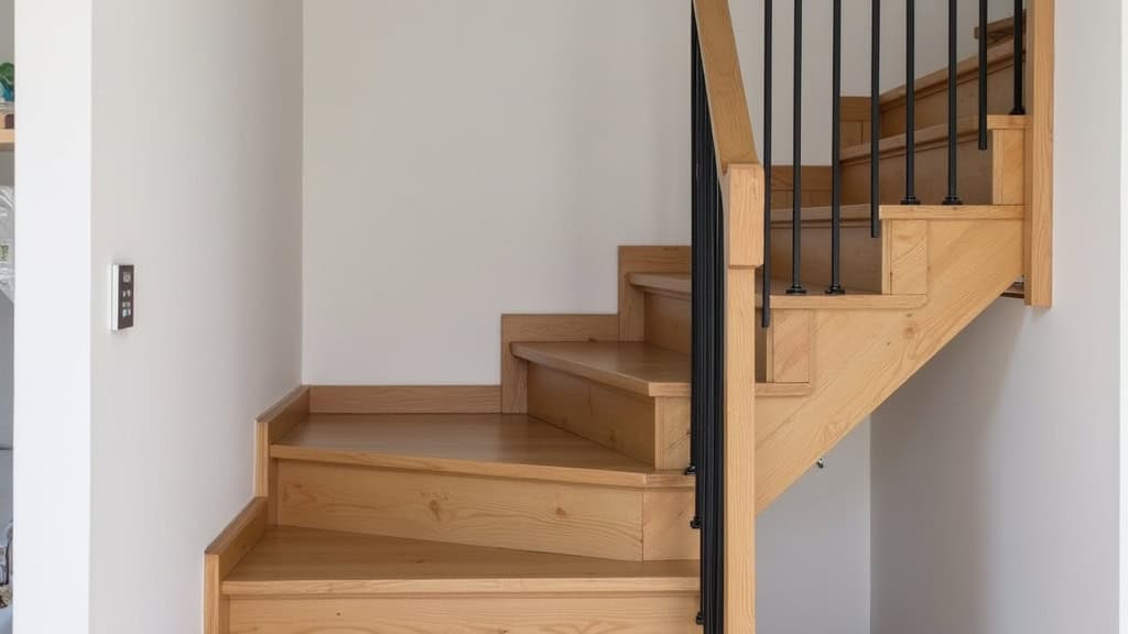Monte-escalier droit en aluminium noir installé dans un escalier en bois massif à Bizanet, avec siège replié et commande tactile