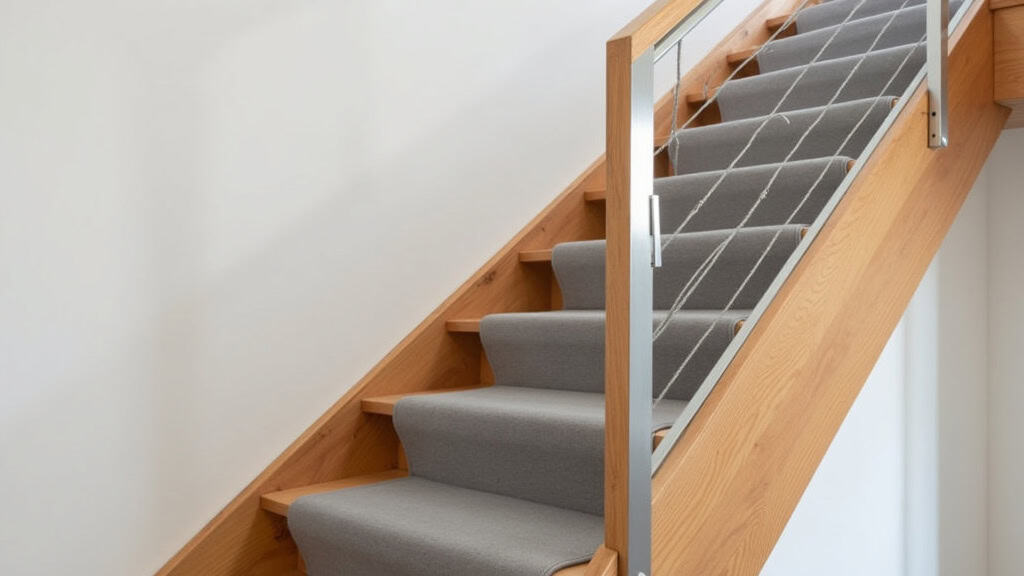 Monte-escalier droit installé dans un escalier en bois à Beuzeville-la-Grenier, avec siège en tissu gris et rail en aluminium discret