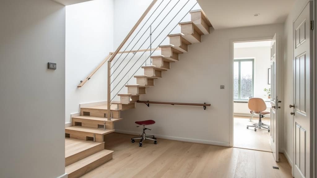 Monte-escalier droit installé dans un escalier intérieur à Angerville-la-Campagne, avec siège ergonomique et rail discret