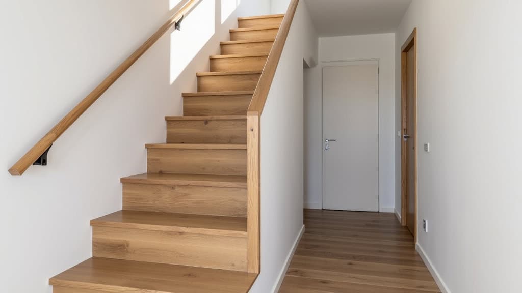 Monte-escalier droit installé dans un escalier intérieur en bois à Anduze, avec siège en tissu gris et rail fin et discret