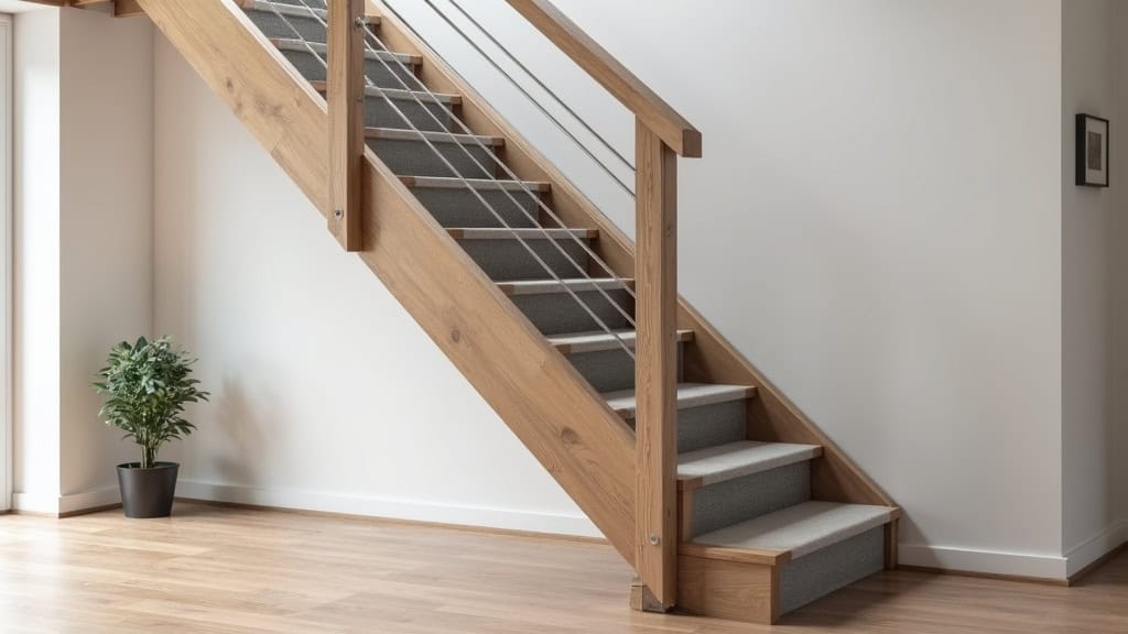 Monte-escalier droit installé dans un escalier intérieur en bois à Bartenheim, avec siège en tissu gris clair et rail fin en aluminium