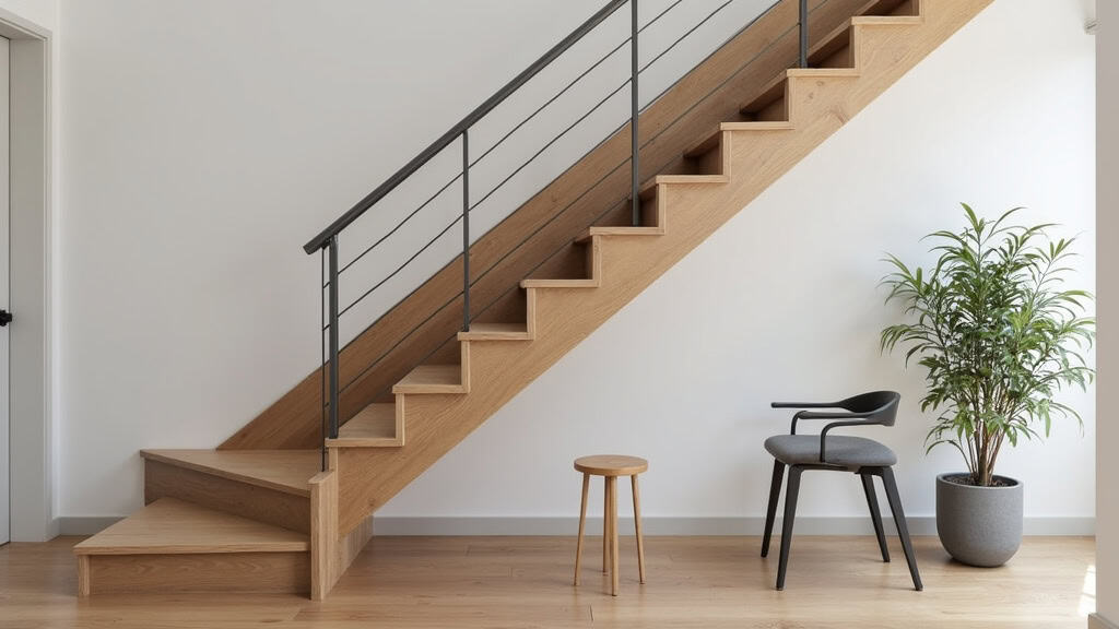 Monte-escalier droit installé dans un escalier intérieur en bois massif à Blaison-Saint-Sulpice, avec siège en tissu gris et rail fin en aluminium, harmonieux avec l