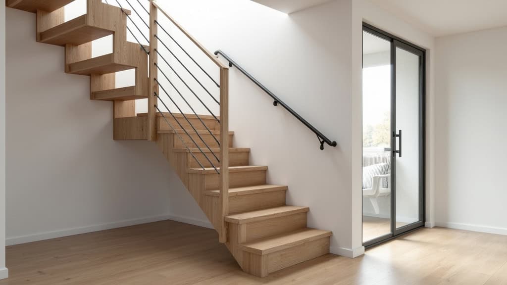 Monte-escalier droit installé dans un intérieur à Cappelle-Brouck, avec siège en tissu gris et rail métallique, intégré discrètement dans un escalier en bois