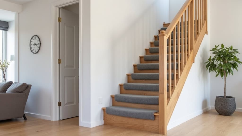 Monte-escalier droit installé dans un intérieur de maison à Bois-le-Roi, avec escalier en bois clair et siège moderne en tissu gris, intégré discrètement