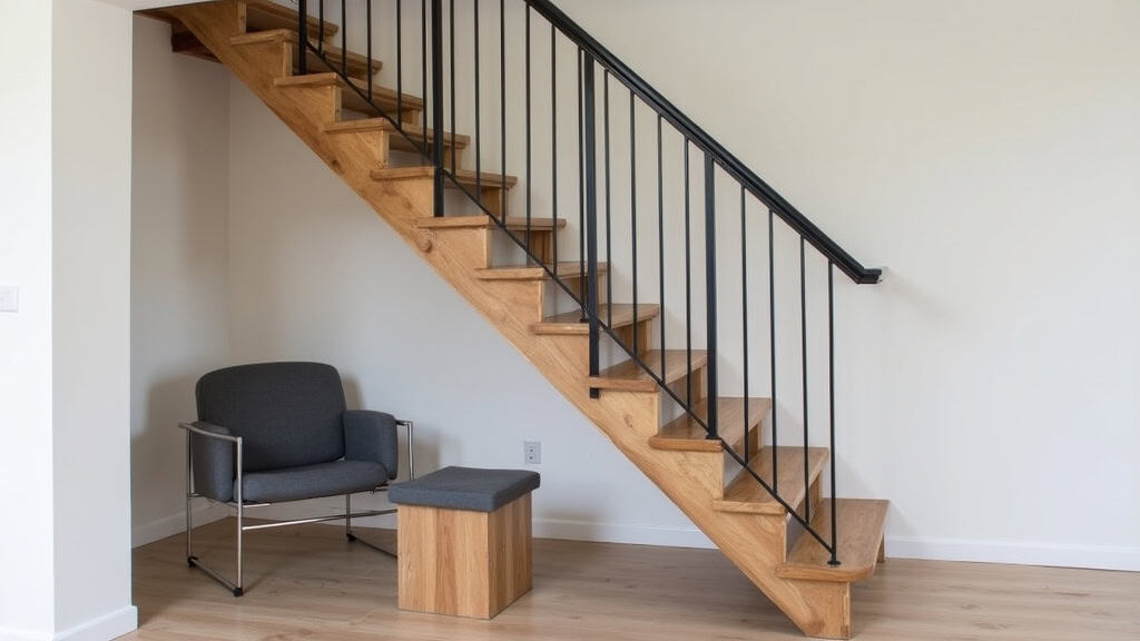 Monte-escalier droit installé dans un intérieur moderne à Cagnes-sur-Mer, avec un rail noir et un siège en tissu gris, intégré harmonieusement à un escalier en bois clair