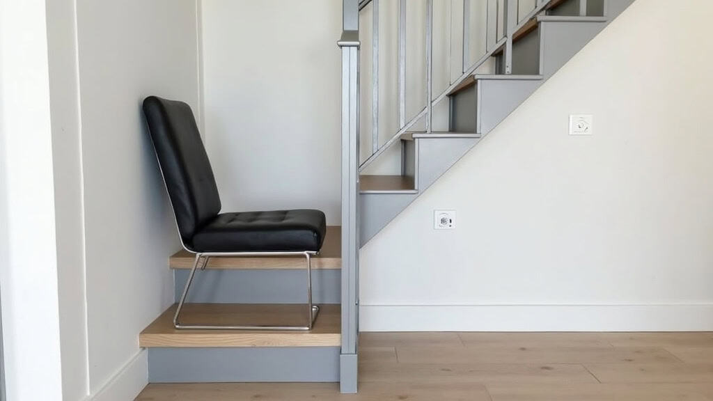 Monte-escalier droit installé dans une maison à Châtelaillon-Plage, avec rail en aluminium gris et siège noir, intégré discrètement à l