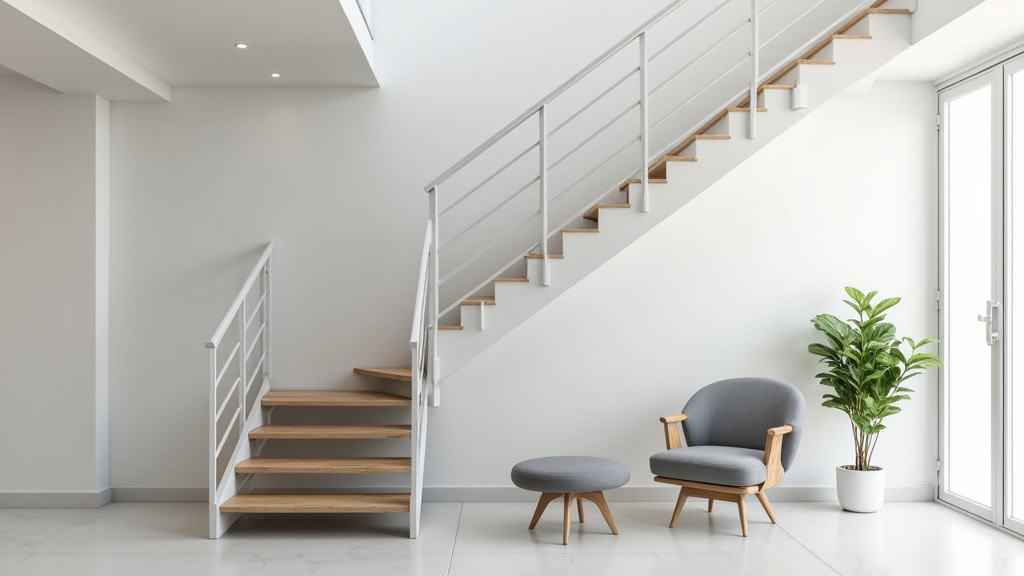 Monte-escalier droit installé dans une maison à Riom, avec siège en tissu gris et rails blancs