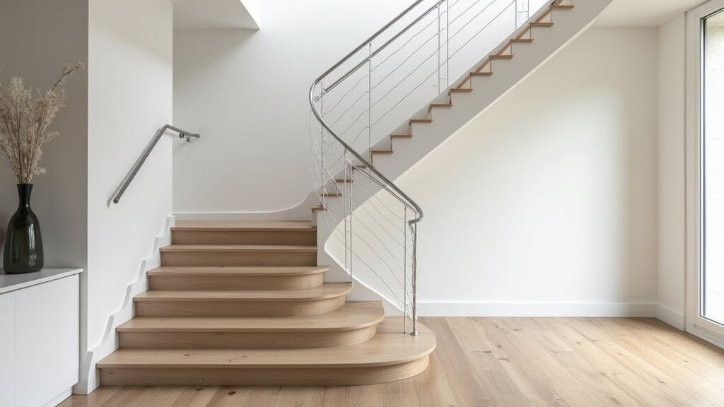 Monte-escalier droit installé dans une maison à Criquebeuf-sur-Seine, avec siège en acier et rail blanc, intégré discrètement sur les marches en bois