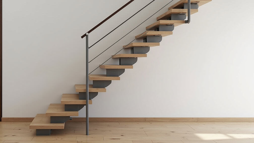 Monte-escalier droit installé dans une maison albigeoise avec escalier en bois et rampe en acier inoxydable