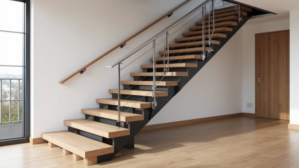 Monte-escalier droit installé dans une maison de Billom avec escalier en bois et rampe en métal, intégré discrètement