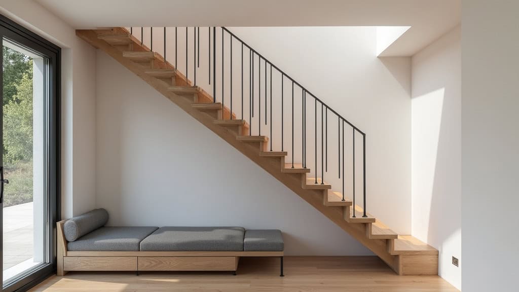 Monte-escalier droit installé dans une maison de Bruyères-et-Montbérault, intégré discrètement sur un escalier en bois, avec siège en tissu gris.