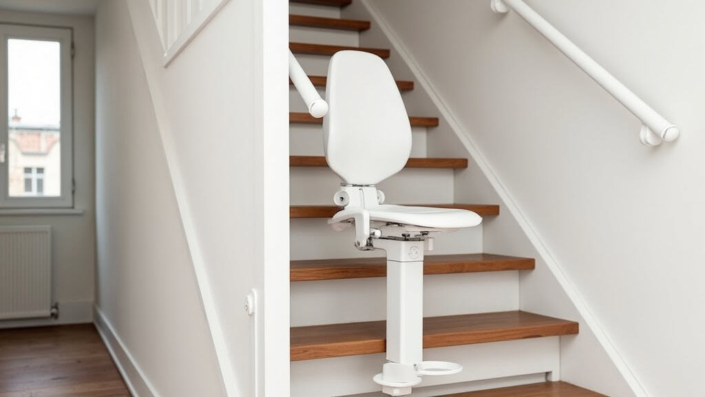 Monte-escalier droit installé dans une maison traditionnelle à Connantre, avec rail blanc et siège ergonomique, intégré discrètement sur l’escalier en bois