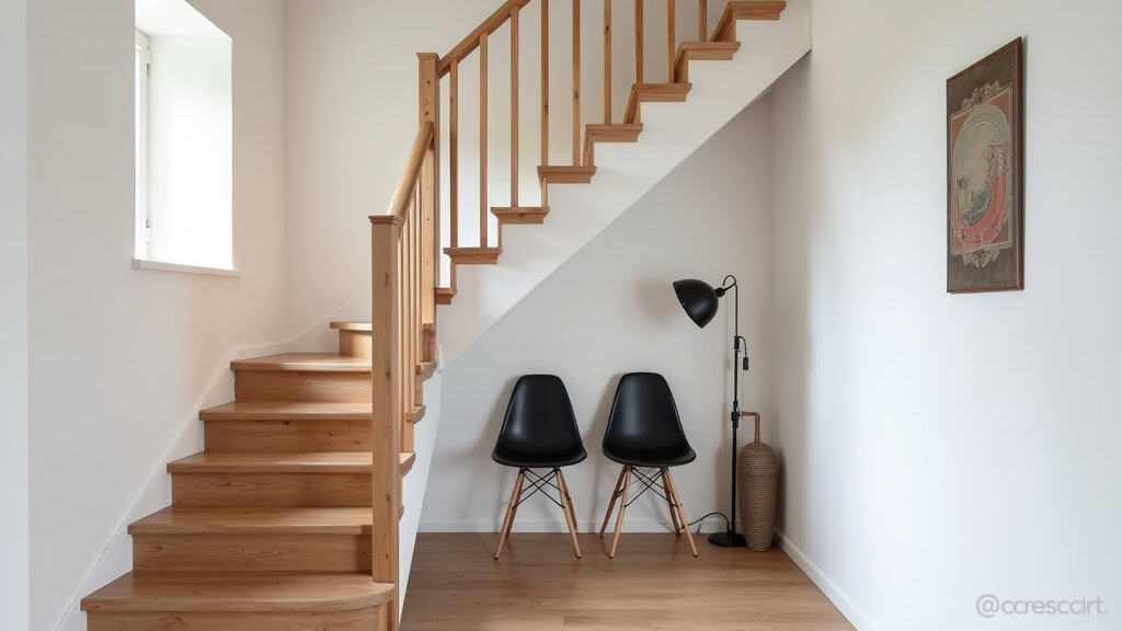 Monte-escalier droit installé dans une maison traditionnelle de Bidache, avec escalier en bois et mur blanc, siège en noir et accoudoirs rembourrés