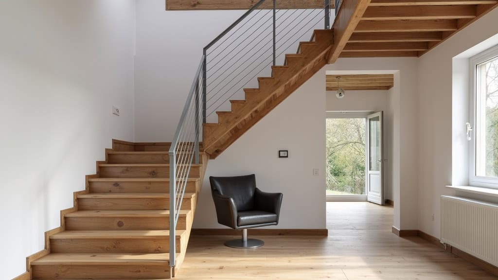Monte-escalier droit installé dans une maison traditionnelle du Jura à Arinthod, avec escalier en bois et rail discret en aluminium gris