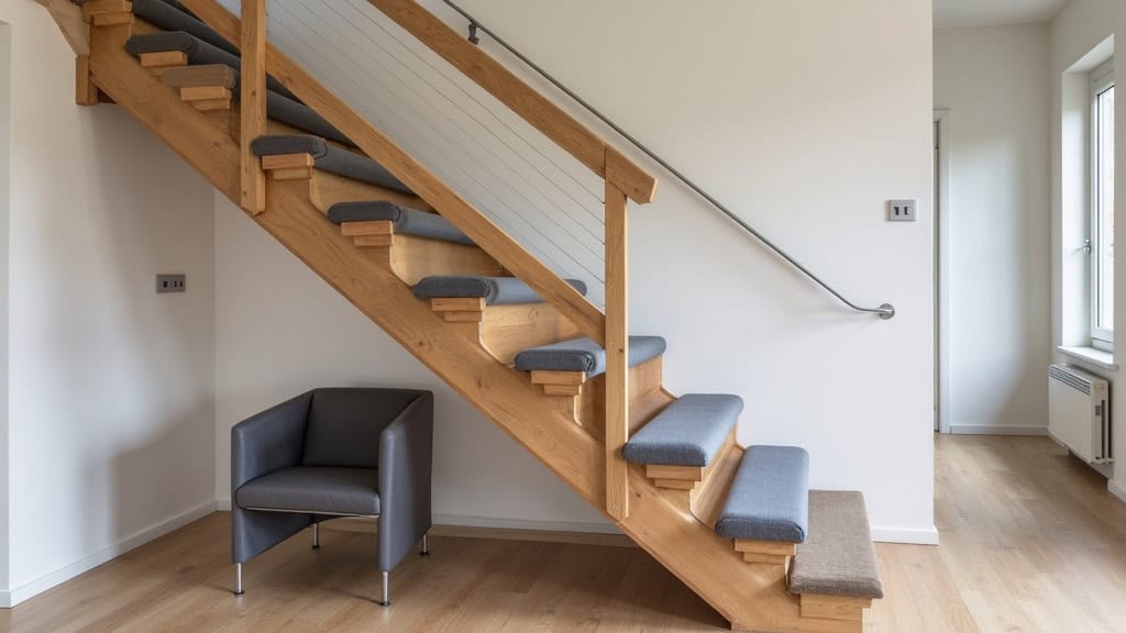 Monte-escalier droit installé sur un escalier en bois dans une maison à Bauvin, avec un siège en tissu gris et un rail discret
