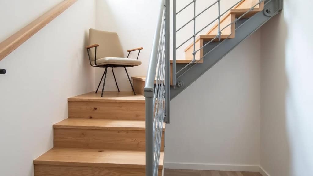 Monte escalier droit installé sur un escalier en bois dans une maison de Bagneux, avec siège en tissu beige et rail en aluminium gris