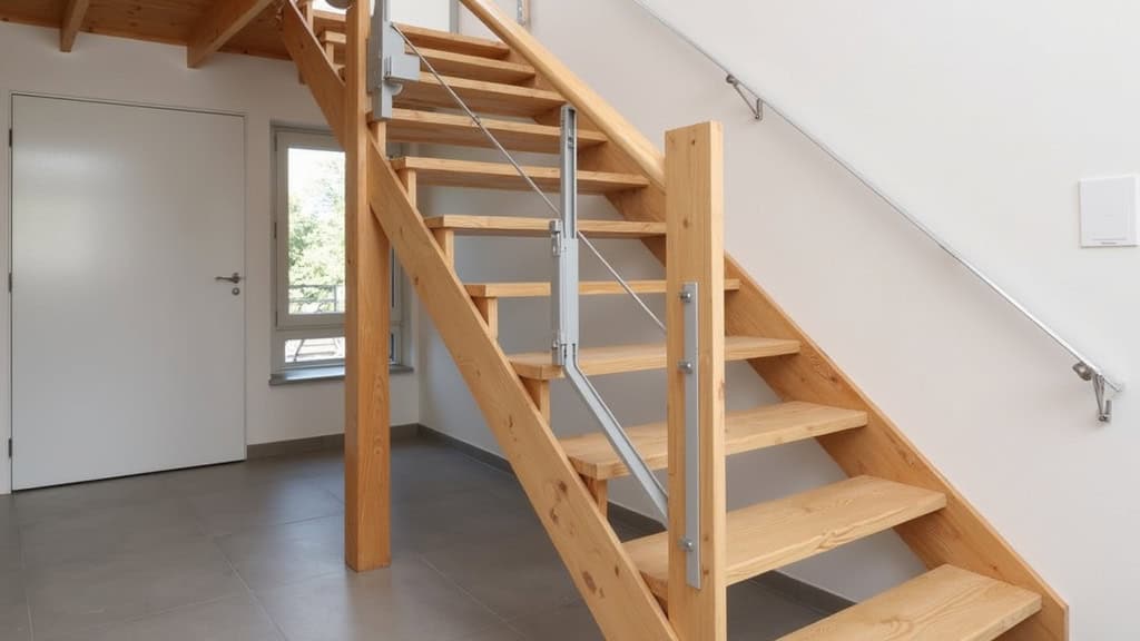 Monte-escalier droit installé sur un escalier en bois dans une maison traditionnelle de Bruyères, avec un siège gris et un rail en aluminium, adapté à un usage quotidien pour senior