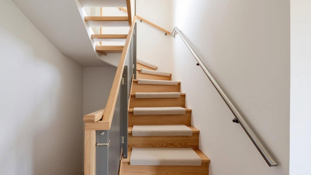 Monte-escalier droit installé sur un escalier en bois dans une maison traditionnelle de Chalais, siège en tissu beige, rail en aluminium discret