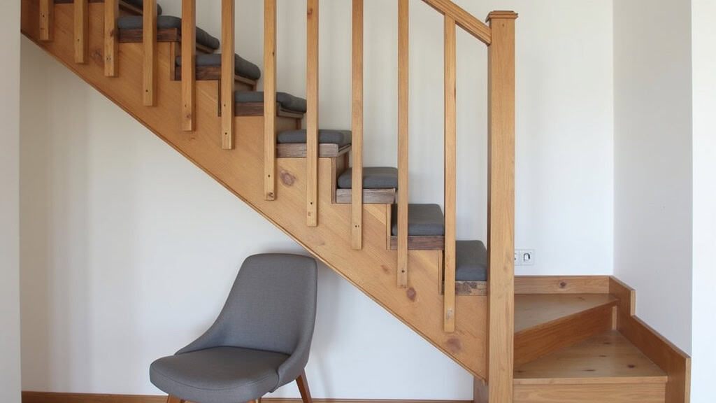 Monte-escalier droit installé sur un escalier en bois dans une maison traditionnelle de Petit-Réderching, avec siège en tissu gris et rail discret